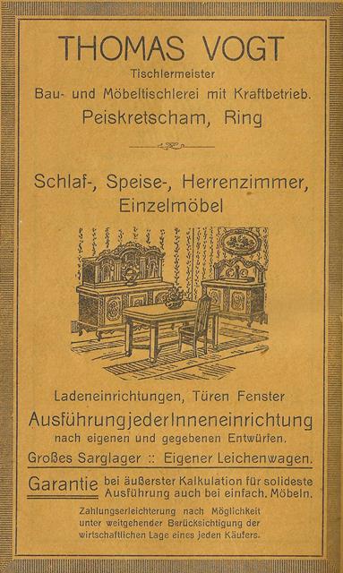 Die Werbeanzeige des Möbelgeschäfts aus der „Geschichte der Städte Peiskretscham und Tost“ aus dem Jahr 1927