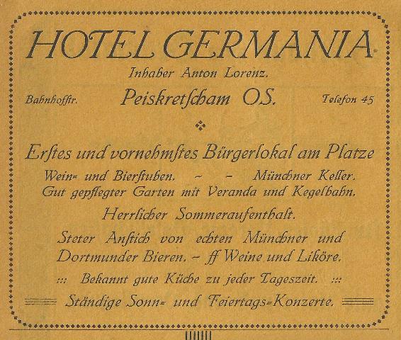 The advertisement of Germania Hotel from the publication 