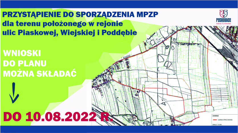 grafika  wycinek map obrazujący-informację Przystąpienie do sporządzenia MPZP dla terenu położonego w rejonie ulic Piaskowej, Wiejskiej i Poddębie