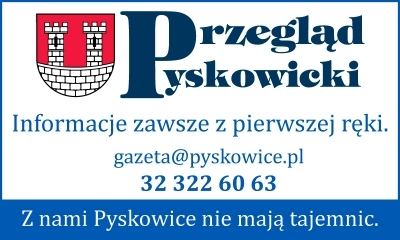 Na białym tle napis granatowy Przegląd Pyskowicki, obok herb Pyskowic, podpis Informacje z pierwszej ręki
