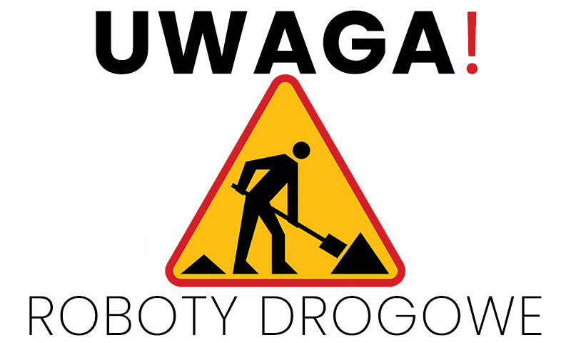 Znak drogowy Uwaga Roboty drogowego - żóty trójkąt z zarysem mężczyzny pracującego łopatą