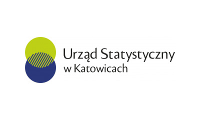 na białym tle dwa koła limonkowe i granatowe zachodzące na siebie transparentnie + tekst czarną czcionka Urząd statystyczny w Katowicach