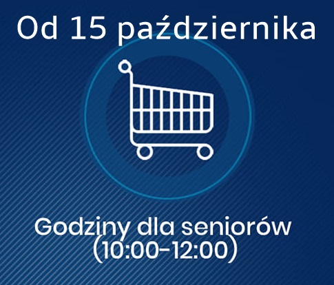 Ulotka - godziny dla seniora w sklepach od 10.00 do 12.00. Na pierwszym planie sklepowy wózek