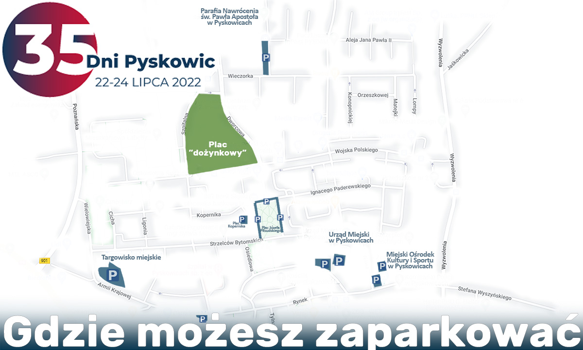 Mapa prezentująca dostępne miejsca parkingowe podczas XXXV Dni Pyskowic