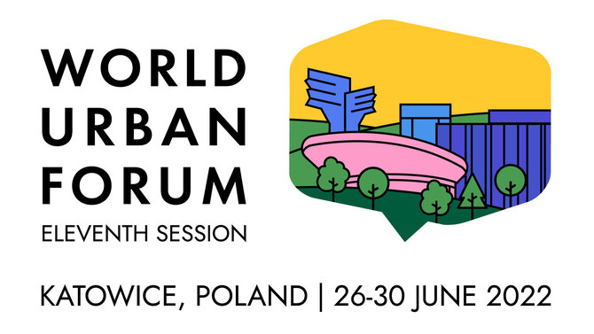 Grafika prezentująca wydarzenie Światowe Forum Miejskie, data trwania wydarzenia 26 - 30 czerwca 2022 r.
