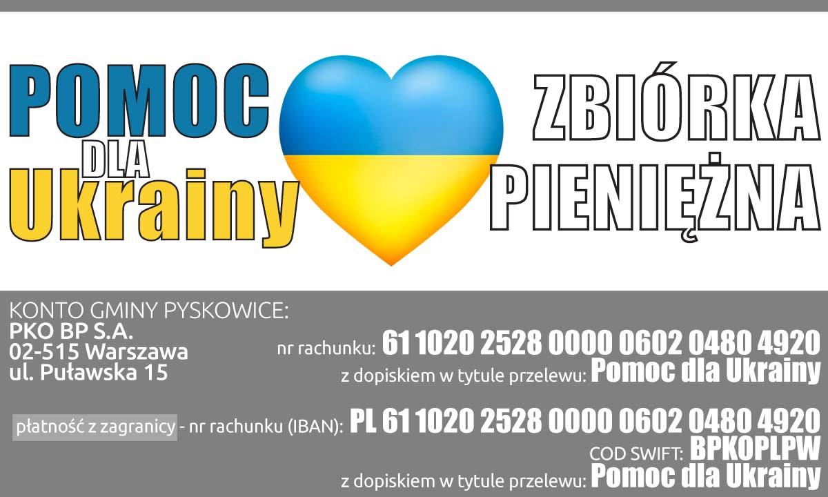 Serduszko w niebiesko - żółtej fladze Ukrainy. Napis pomoc dla Ukrainy - zbiórka pieniężna. Konto podane w treści informacji