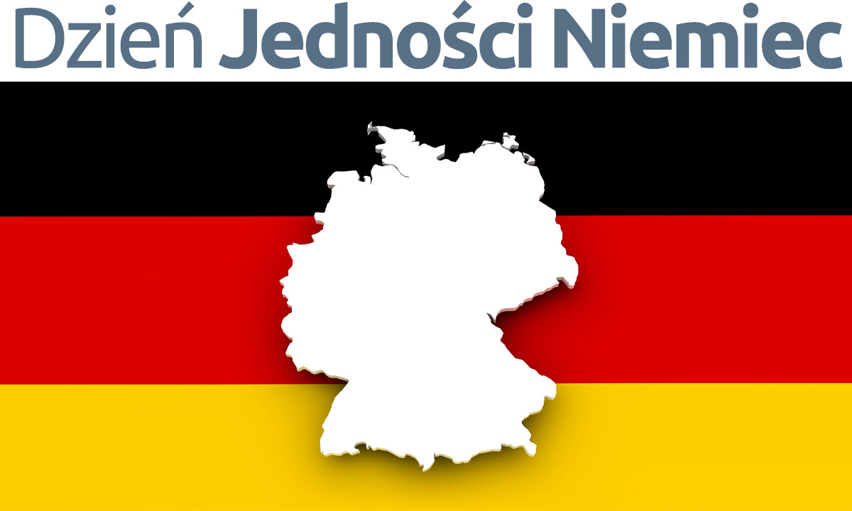 Czarno - czerwono - żółta flaga Niemiec, pośrodku kontur kraju. 
