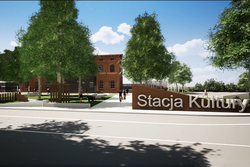 Wizualizacja projektu - fragment skweru i budynek dworca PKP w Pyskowicach