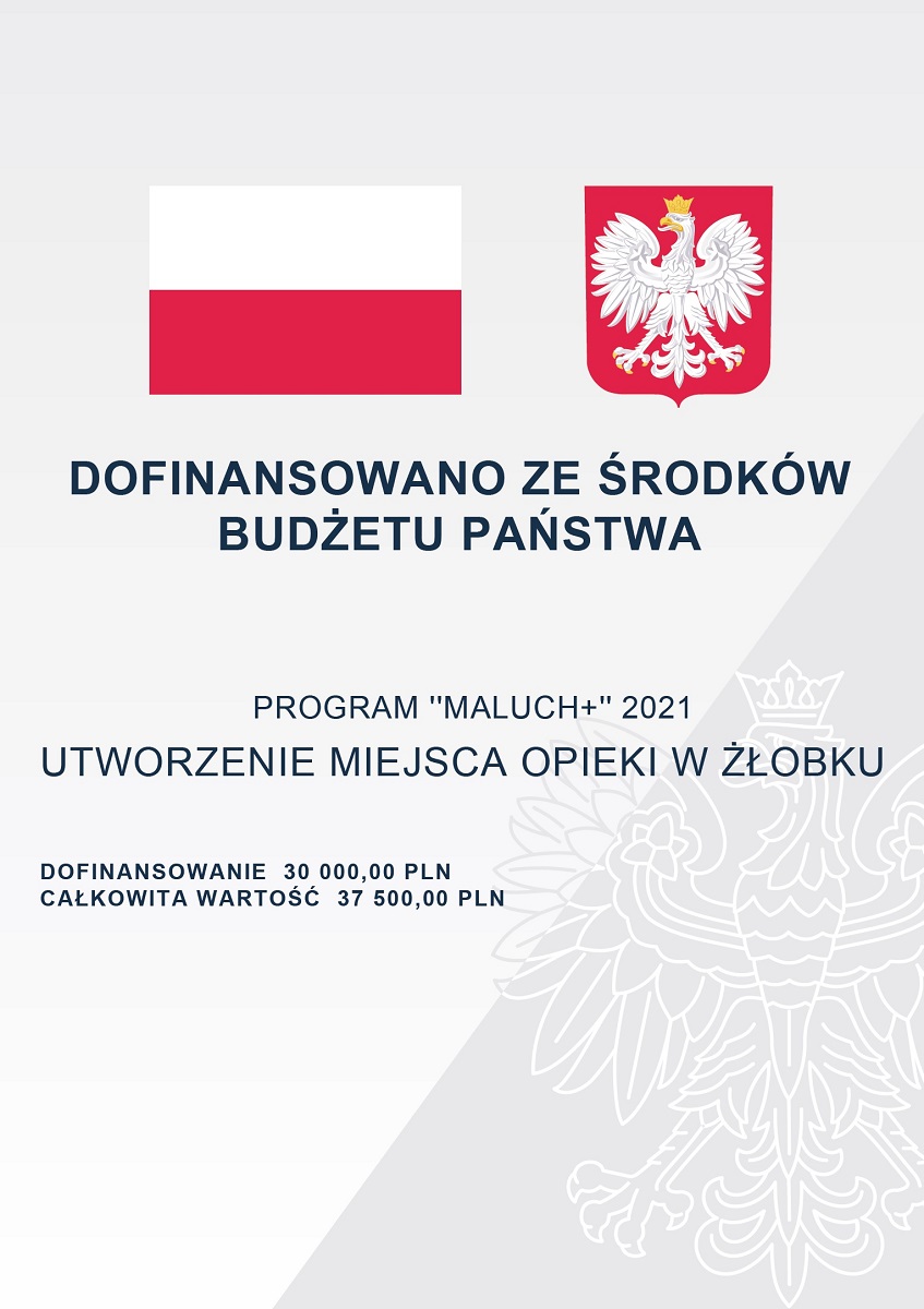 Tablica z flagą i godłem Polski oraz informacją: dofinansowano ze środków budżetu państwa. Program 