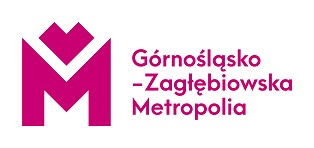 Logotyp metropolii - litera M oraz napis Górnośląsko - Zagłębiowska Metropolia w kolorze magenty
