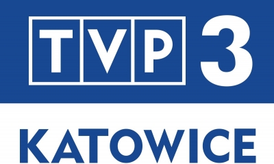 Logo telewizji Katowice - na białym tle niebieski napis Katowice a nad nim biało niebieski negatyw - TVP3