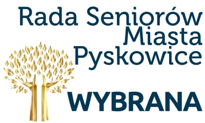 Na białym tle złote drzewko, po prawej stronie napis Rada Seniorów Miasta Pyskowice, pod spodem napis: wybrana.
