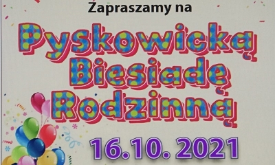 Plakata w kolorowych balonikach na szarym tle o treści: Zapraszamy na Pyskowicką Biesiadę Rodzinną 16.10.2021. 
