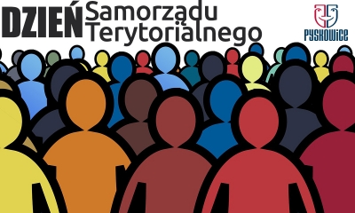 Grafika przedstawiająca rzędy sylwetek ludzi. Nad nimi napis Dzień Samorządu Terytorialnego i logo Pyskowic