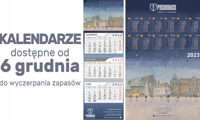 Zdjęcie dwóch rodzajów kalendarzy, plakatowego i trójdzielnego, w tonacji granatu. Obok informacja o dystrybucji od 6 grudnia