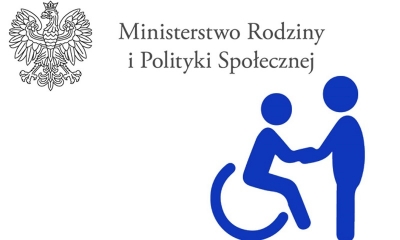 Piktogram osoby na wózku i opiekuna, obok napis Ministerstwo rodziny i Polityki Społecznej oraz orzeł - godło RP