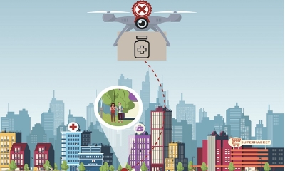 Grafika - nad dachami budynków dron z butelką sugerującą lekarstwa. Przerywana, czerwona linia prowadzi w dół od stałku, do budynku. W budynku wyeksponowany człowiek odbierający przesyłkę, w domyśle z drona.
