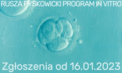 Niebieskie tło utworzone przez zdjęcie zarodków. Tekst: Rusza pyskowicki program in vitro. 