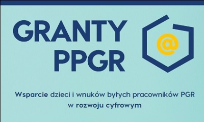 Ulotaka programu Granty PPGR. Na seledynowym tle napis o tej treści, obok granatowy kontur Polski z żółtym kółkiem pośrodku