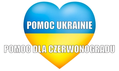 Serce w niebiesko - żółtym kolorze. Napis Pomoc Ukrainie, pomoc dla Czerwonogradu