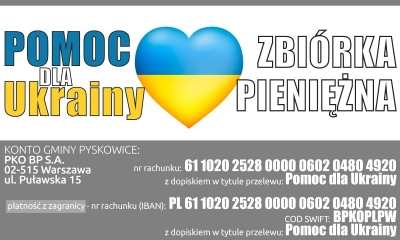Serduszko w niebiesko - żółtej fladze Ukrainy. Napis pomoc dla Ukrainy - zbiórka pieniężna. Konto podane w treści informacji